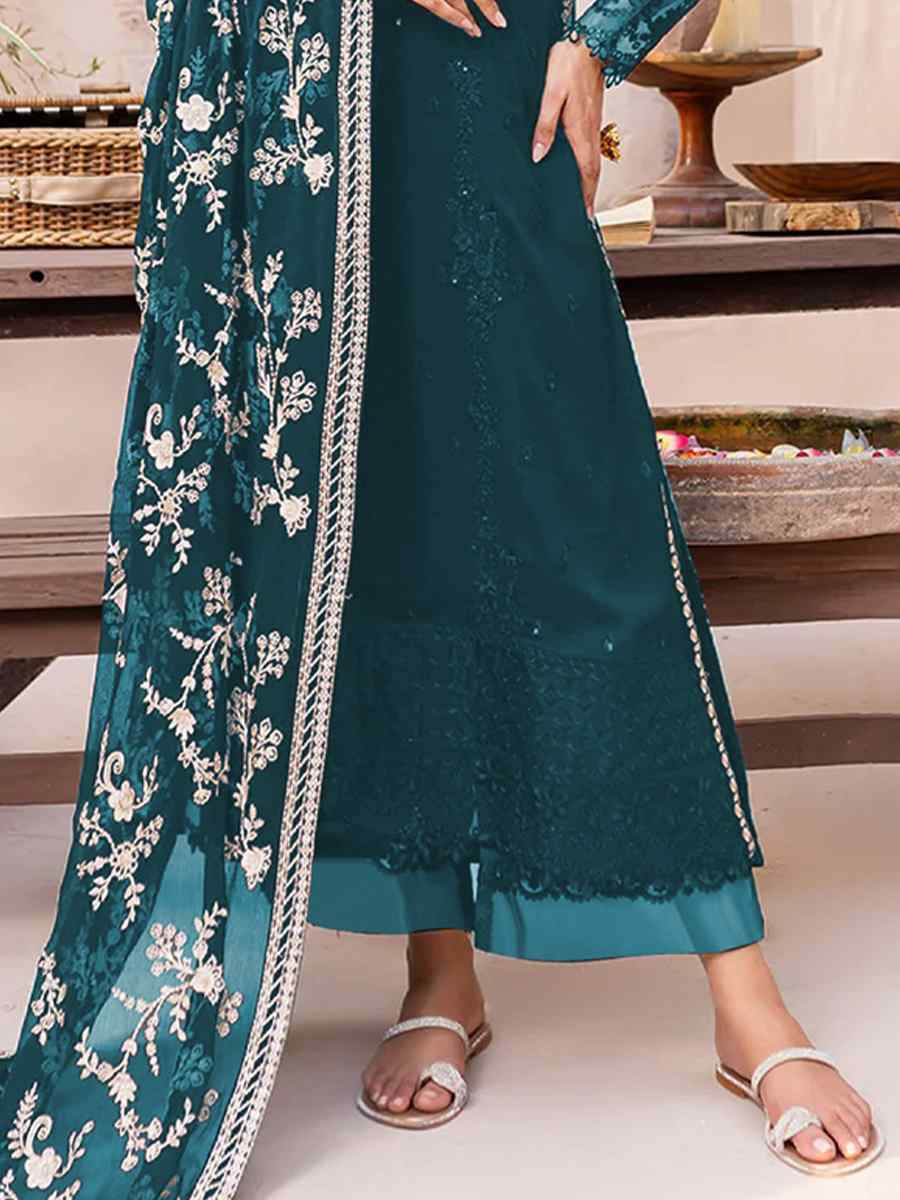 Teal Blue Heavy Fox Georgette Embroidered Festival Casual Palazzo Pant Salwar Kameez