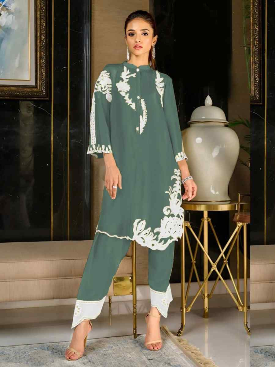 Teal Blue Heavy Frech Embroidered Festival Casual Kurti