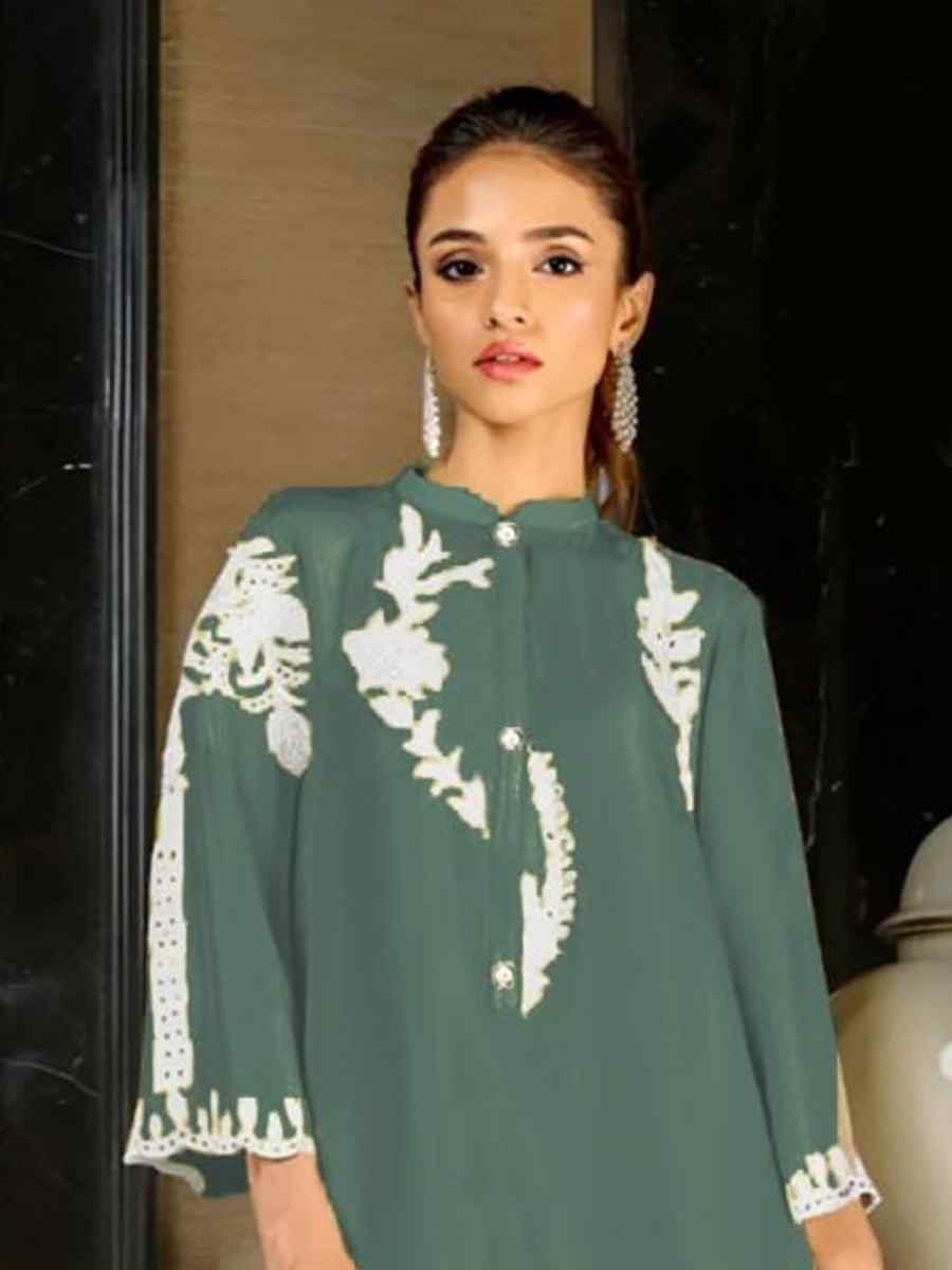 Teal Blue Heavy Frech Embroidered Festival Casual Kurti