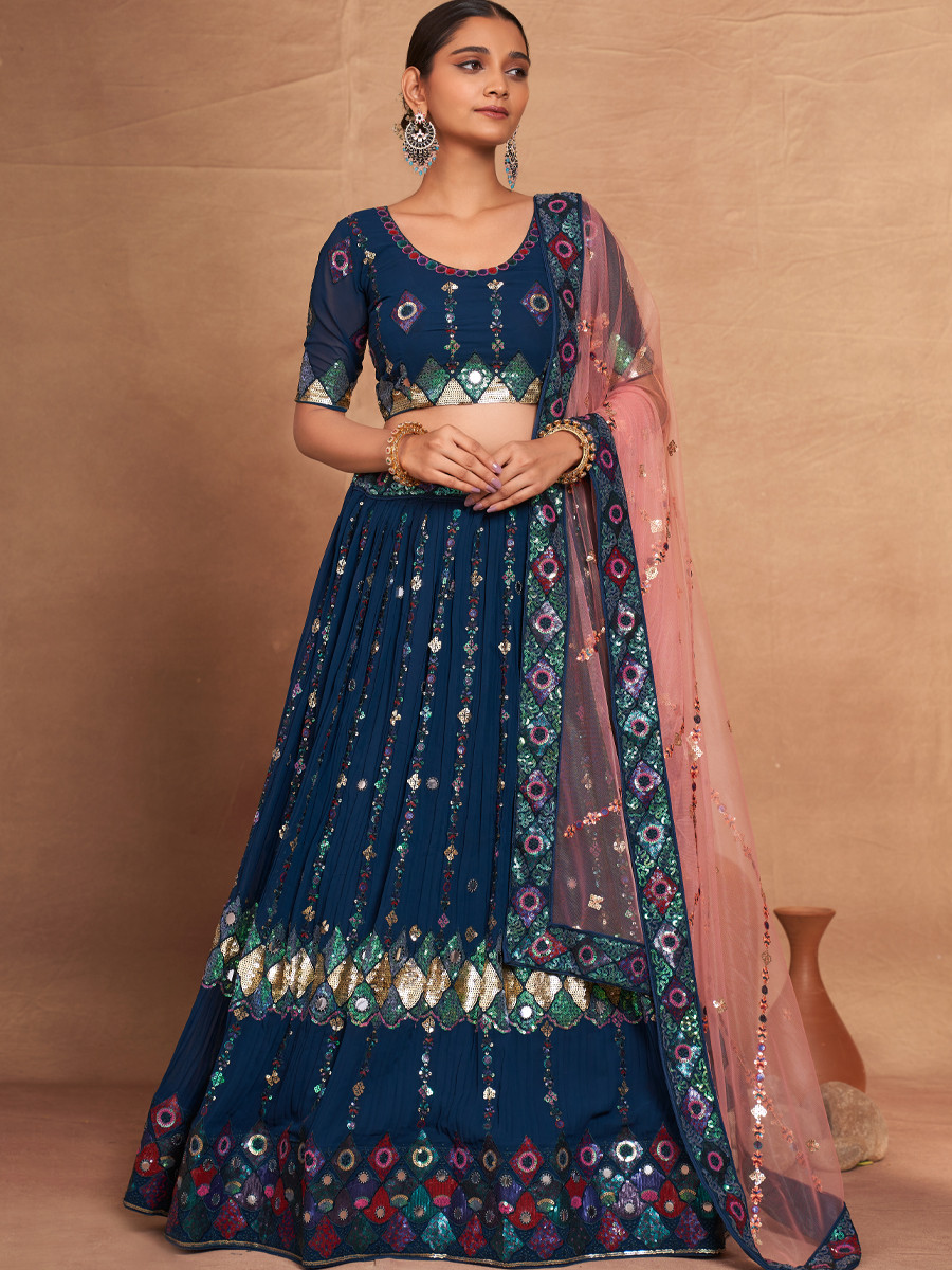 Teal Blue Heavy Georgette Embroidered Bridesmaid Wedding Circular Lehenga Choli