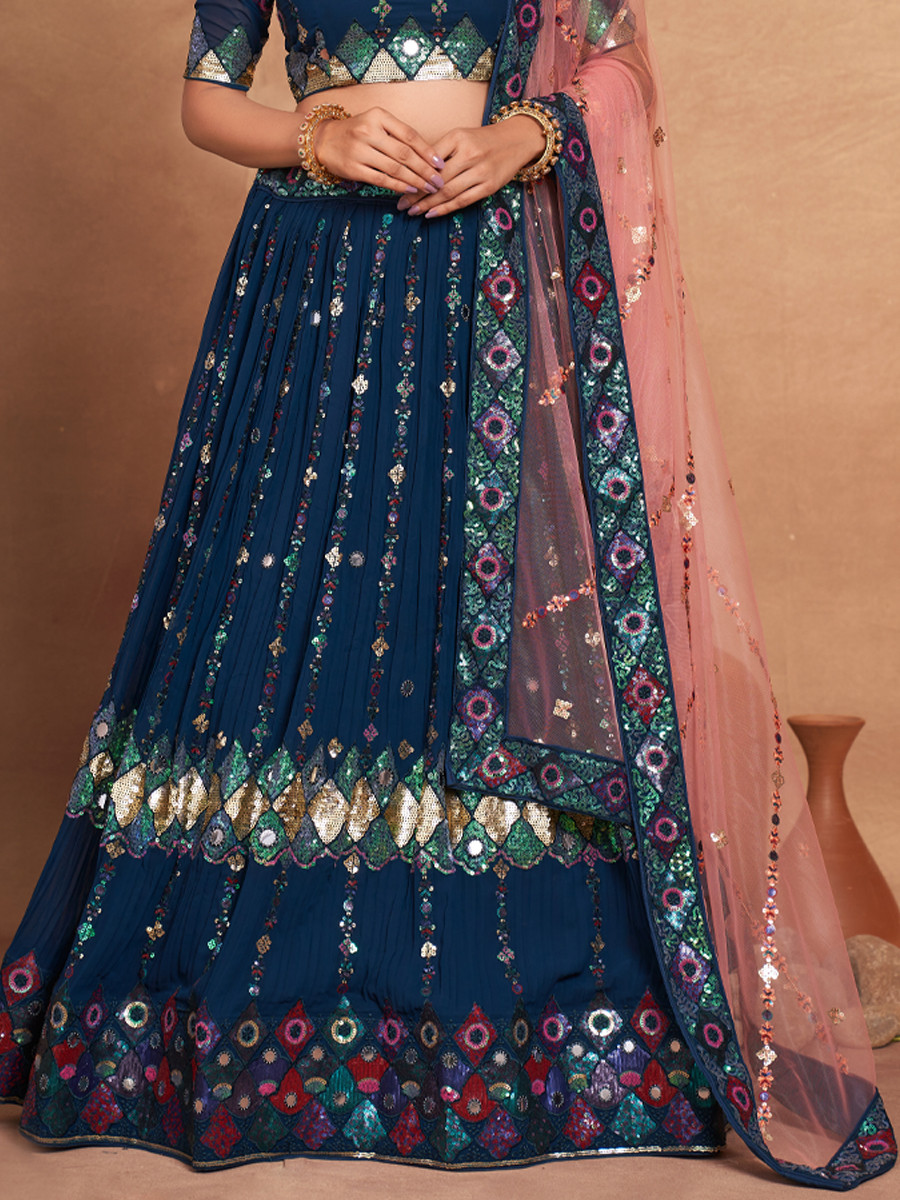 Teal Blue Heavy Georgette Embroidered Bridesmaid Wedding Circular Lehenga Choli