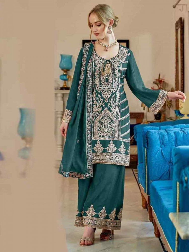 Teal Blue Heavy Simar Vichitra Embroidered Festival Casual Palazzo Pant Salwar Kameez