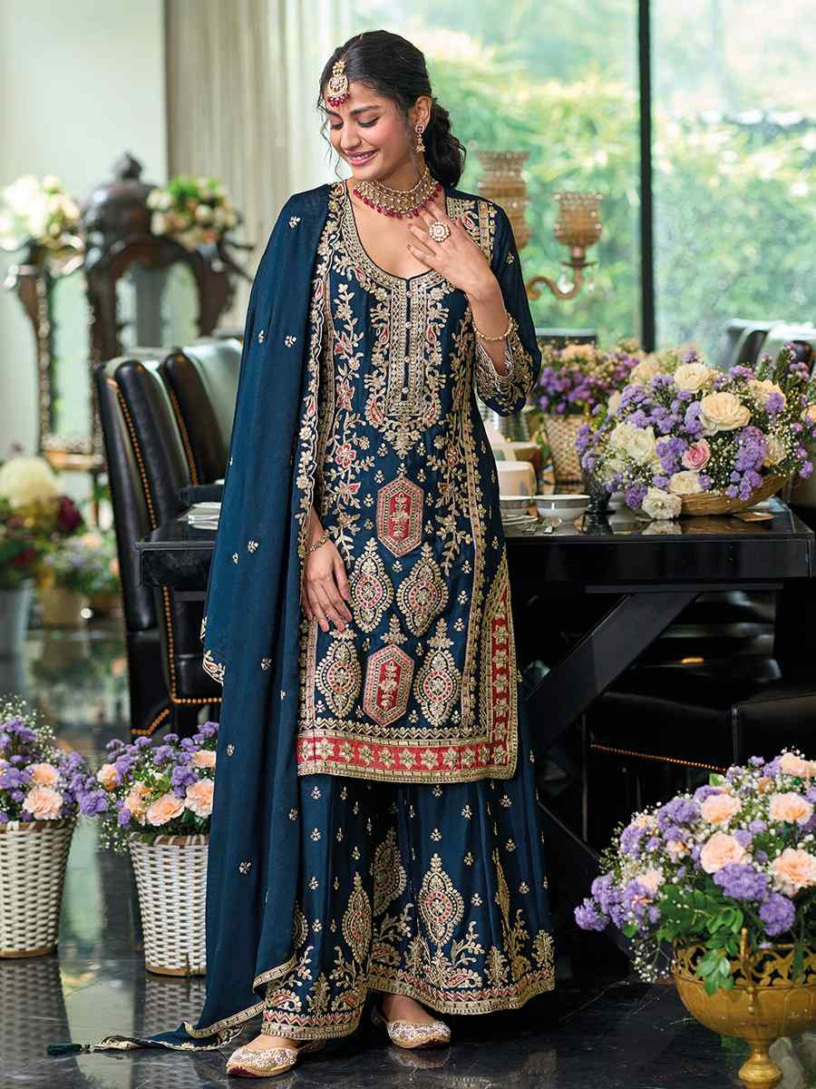 Teal Blue Hevy Chinon Embroidered Festival Wedding Ready Palazzo Pant Salwar Kameez