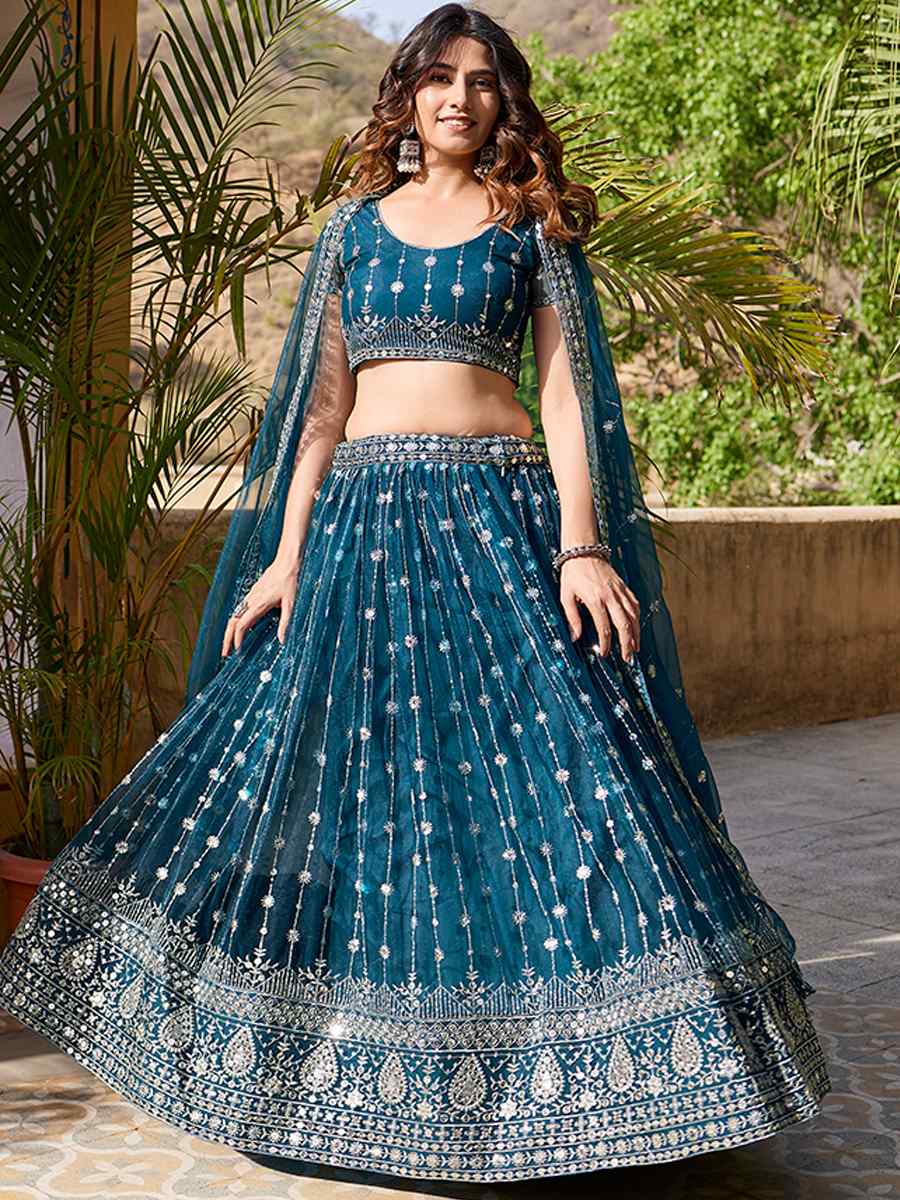 Teal Blue Net Embroidered Bridesmaid Wedding Heavy Border Lehenga Choli