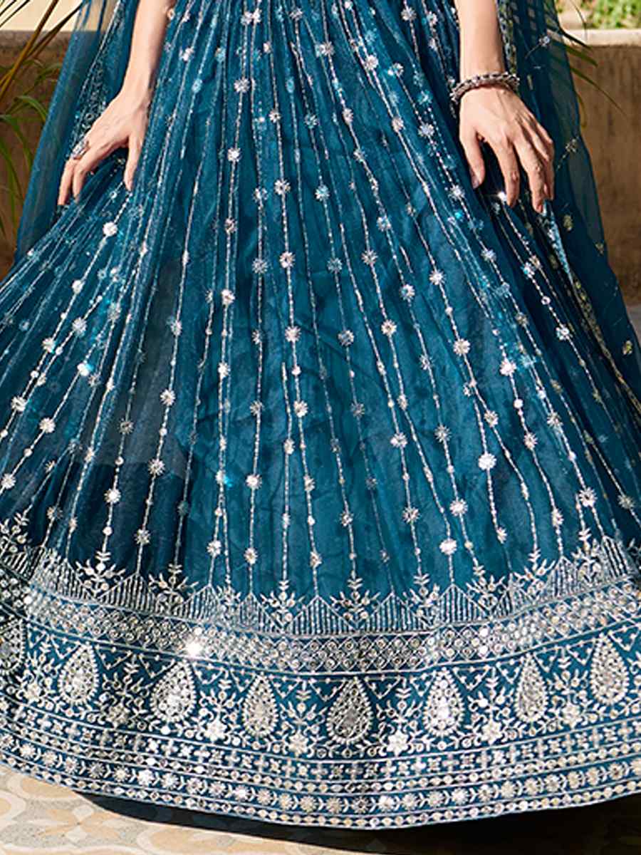 Teal Blue Net Embroidered Bridesmaid Wedding Heavy Border Lehenga Choli