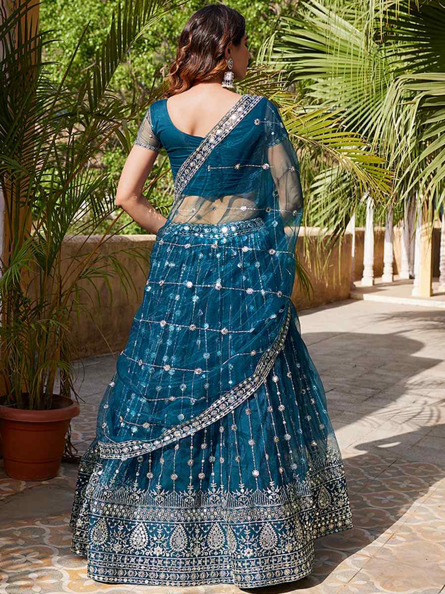 Teal Blue Net Embroidered Bridesmaid Wedding Heavy Border Lehenga Choli