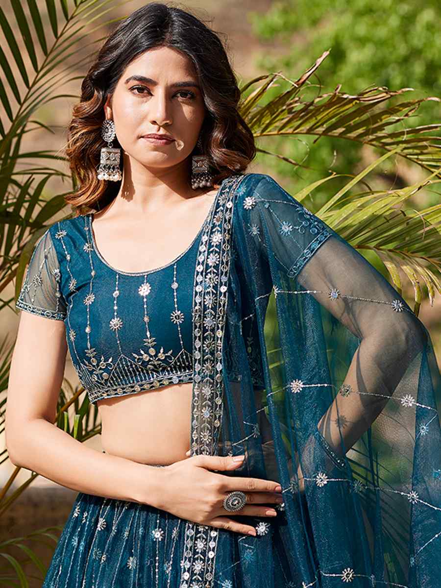 Teal Blue Net Embroidered Bridesmaid Wedding Heavy Border Lehenga Choli