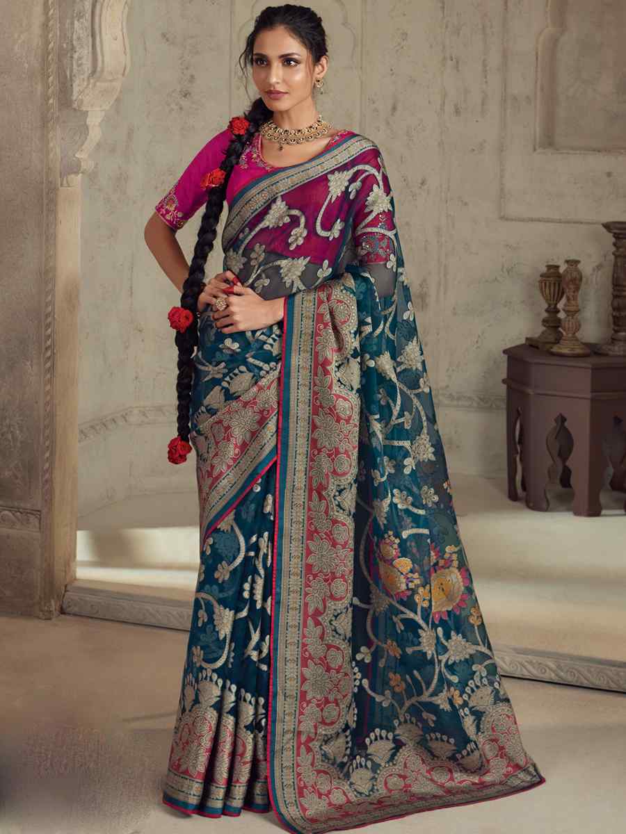 Teal Blue Organza Brasso Embroidered Festival Wedding Heavy Border Saree