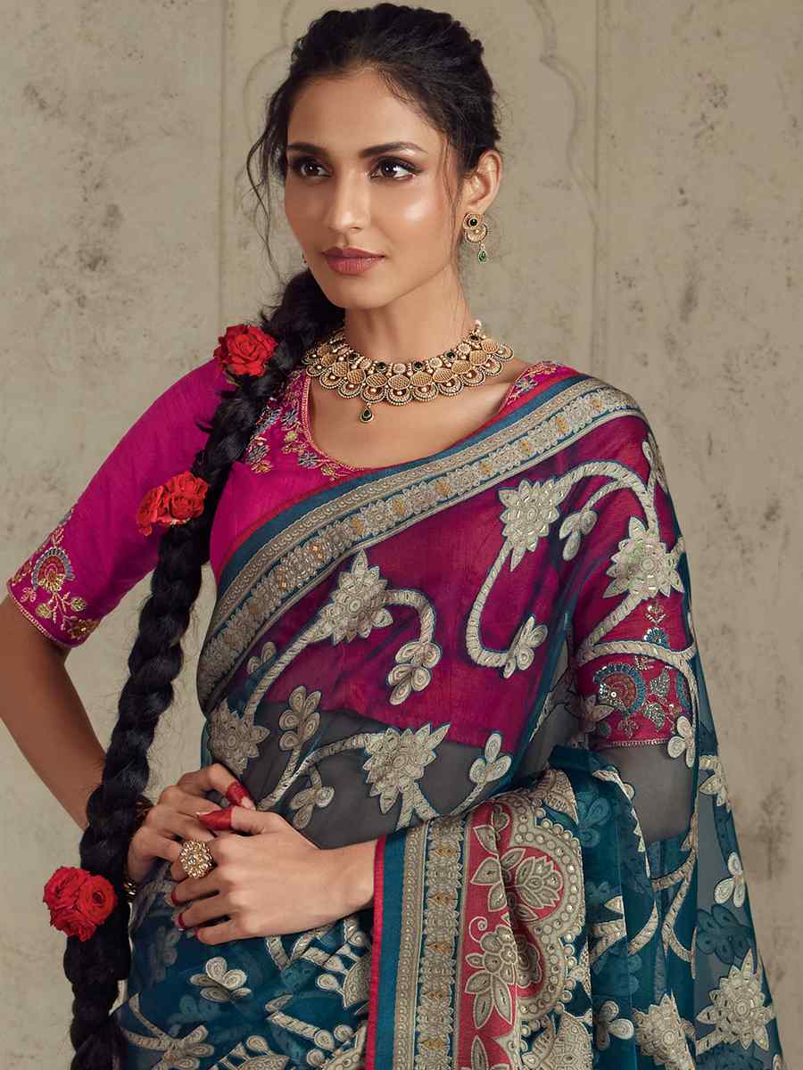 Teal Blue Organza Brasso Embroidered Festival Wedding Heavy Border Saree