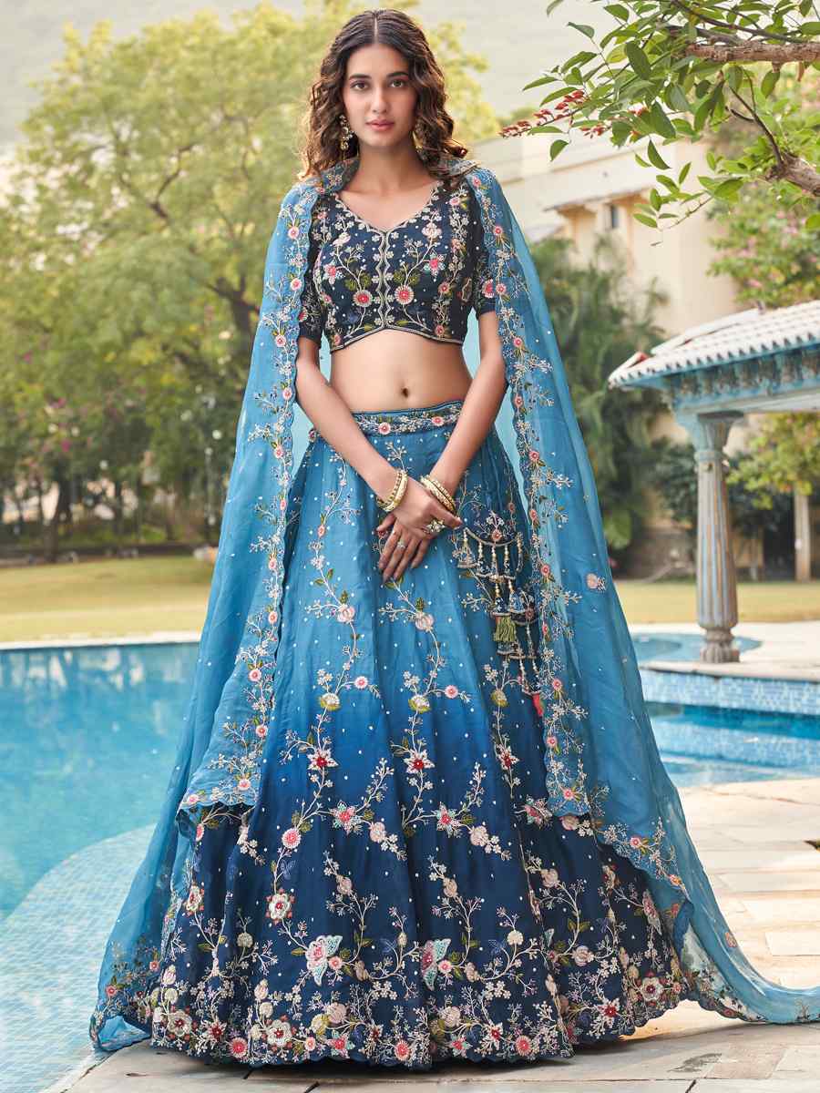 Teal Blue Pure Organza Embroidered Reception Party Wear Heavy Border Lehenga Choli