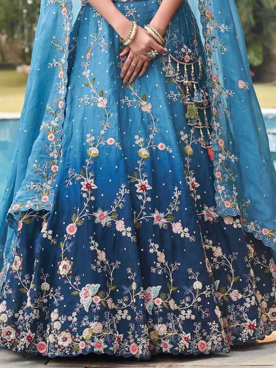 Teal Blue Pure Organza Embroidered Reception Party Wear Heavy Border Lehenga Choli