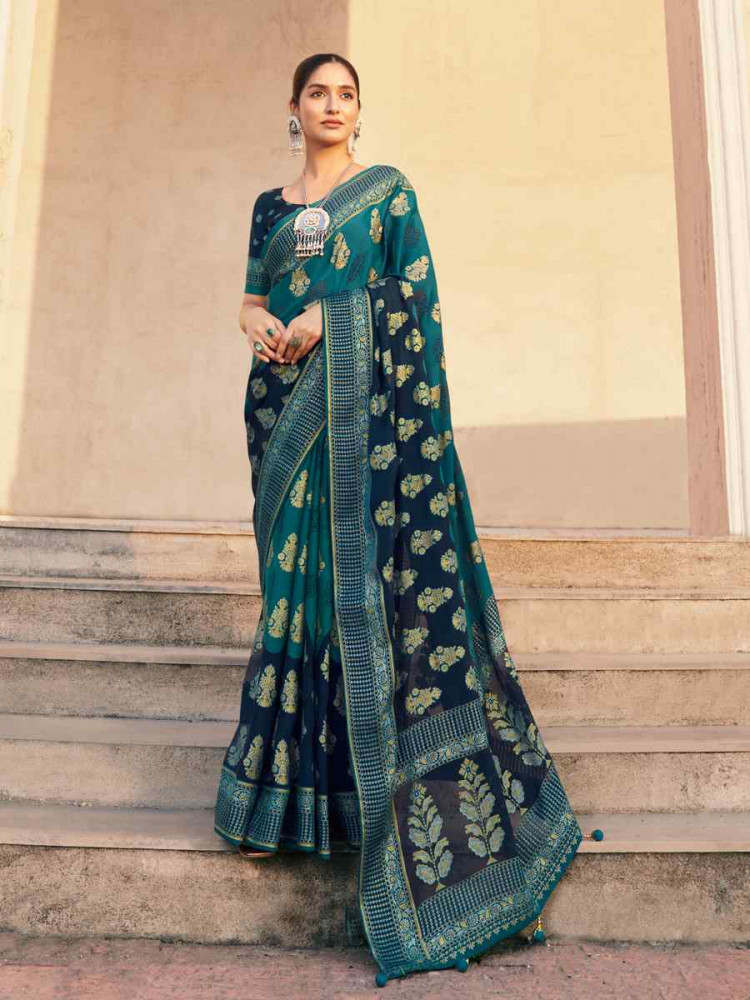 Teal Blue P.V. Georgette Handwoven Festival Party Classic Style Saree