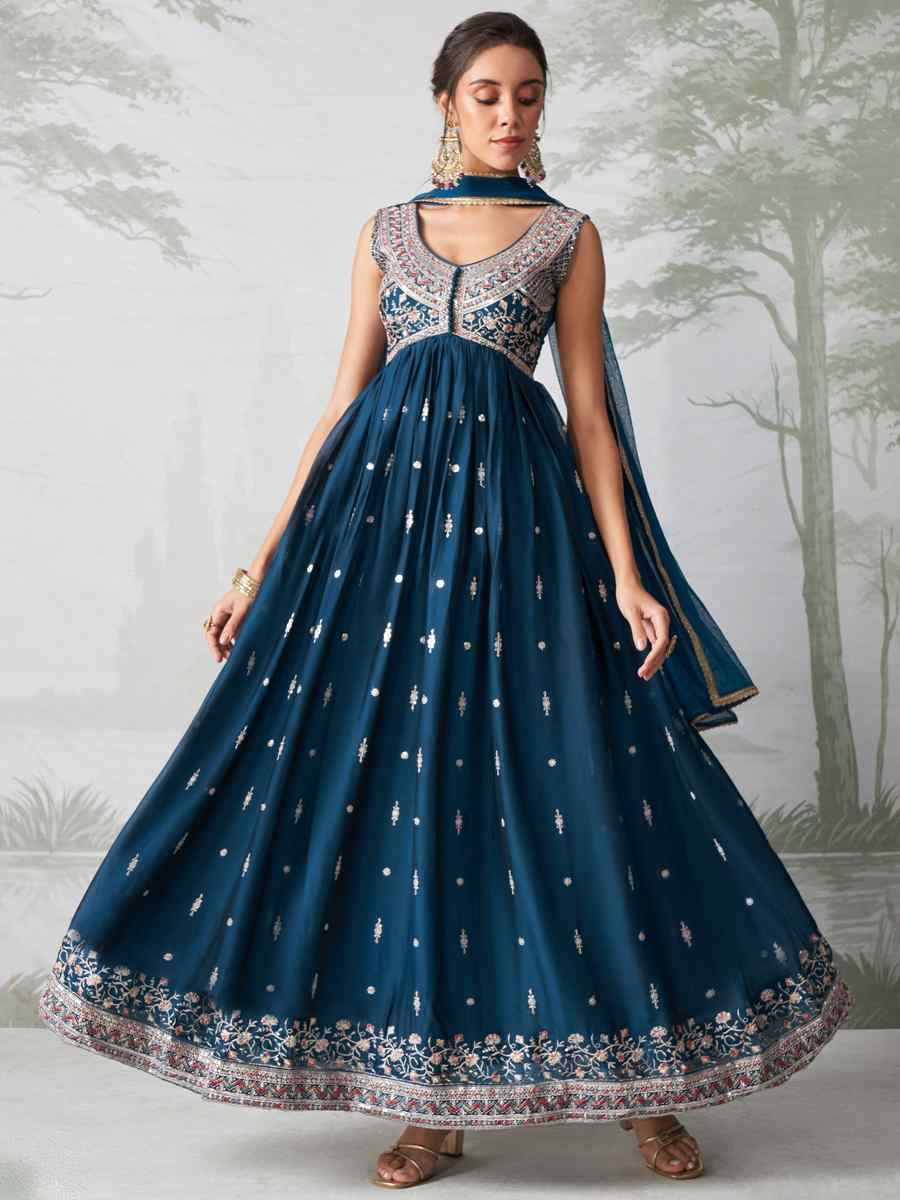 Teal Blue Rangoli Georgette Embroidered Festival Wedding Anarkali Salwar Kameez