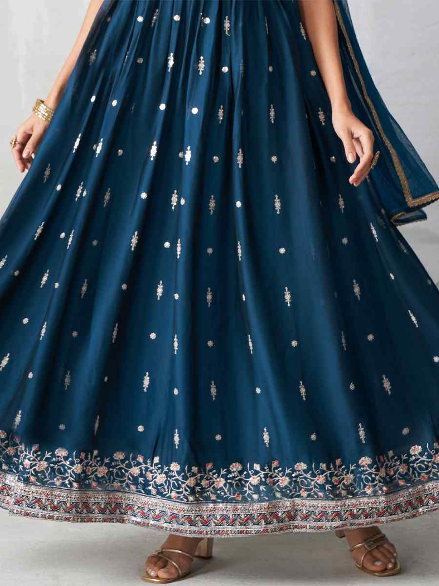 Teal Blue Rangoli Georgette Embroidered Festival Wedding Anarkali Salwar Kameez