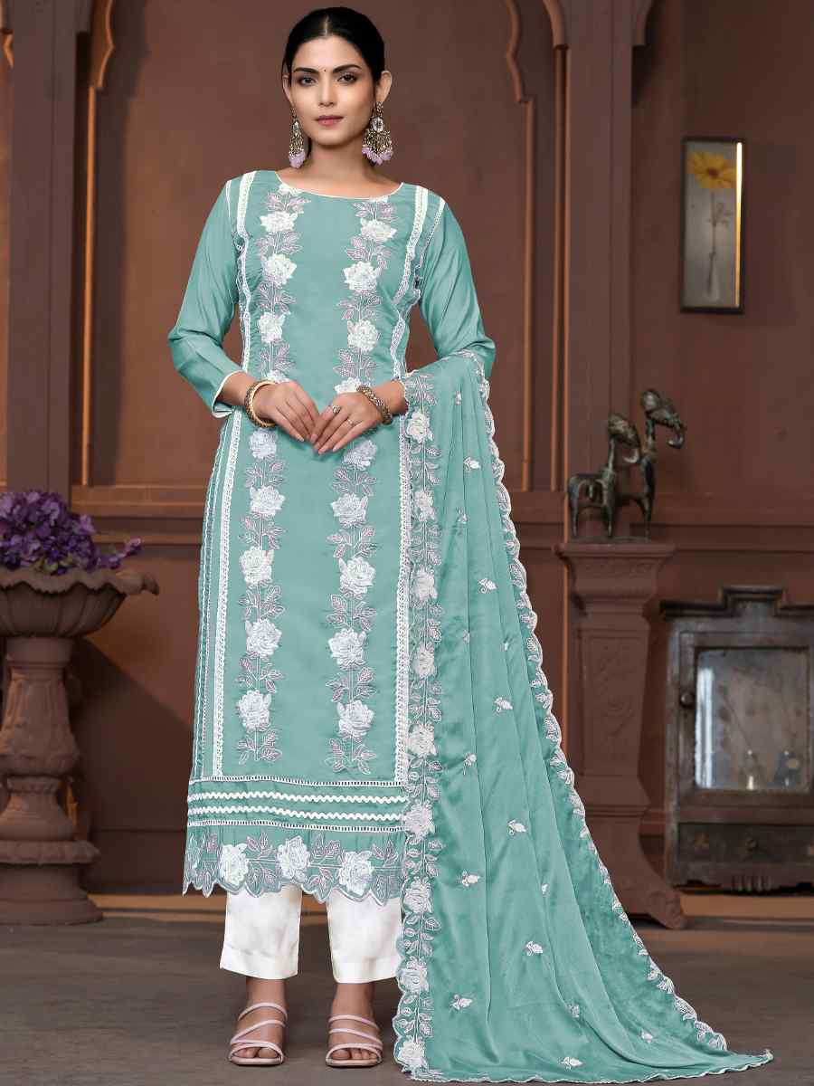 Teal Blue Roman Silk Embroidered Casual Festival Pant Salwar Kameez