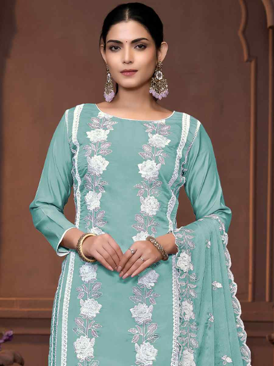 Teal Blue Roman Silk Embroidered Casual Festival Pant Salwar Kameez