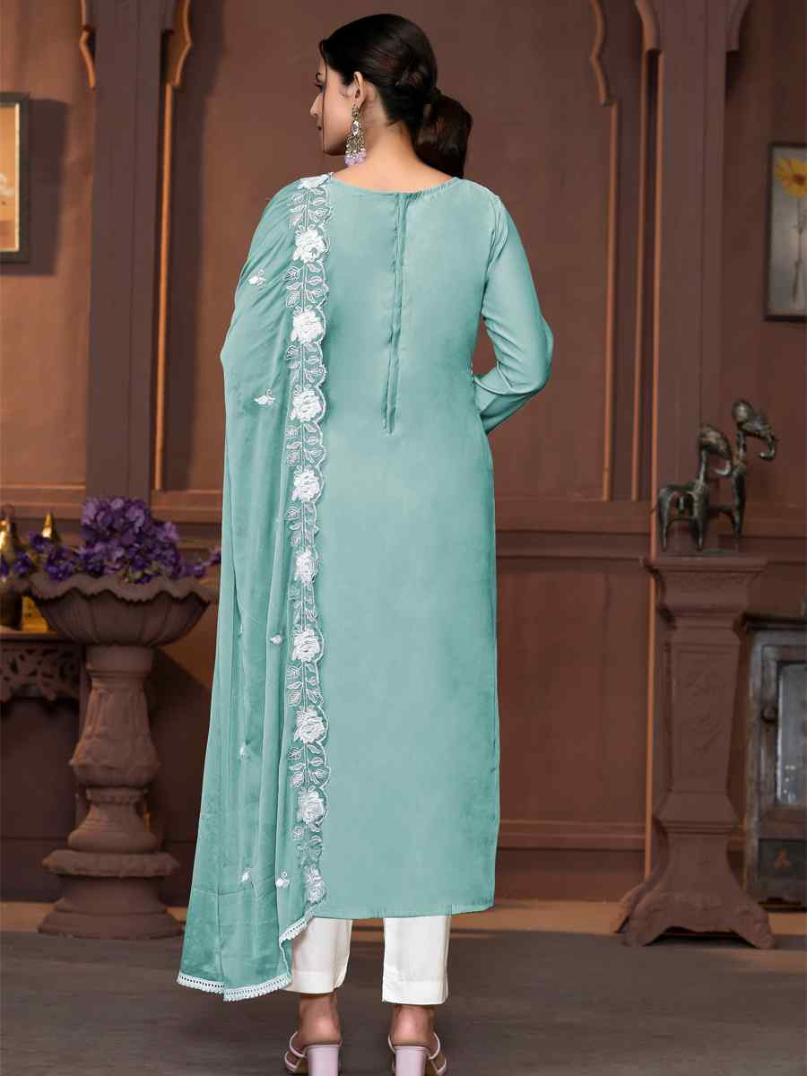 Teal Blue Roman Silk Embroidered Casual Festival Pant Salwar Kameez