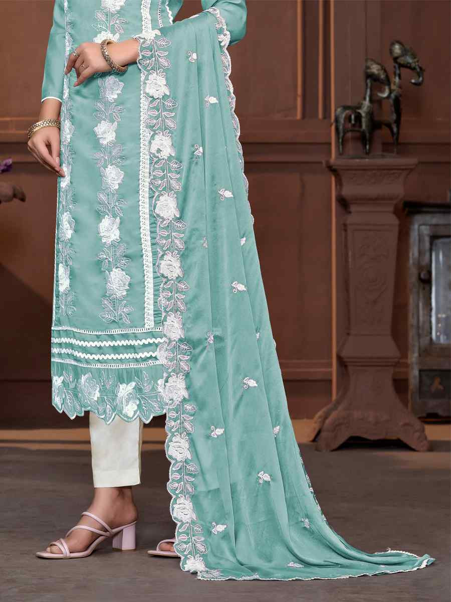 Teal Blue Roman Silk Embroidered Casual Festival Pant Salwar Kameez