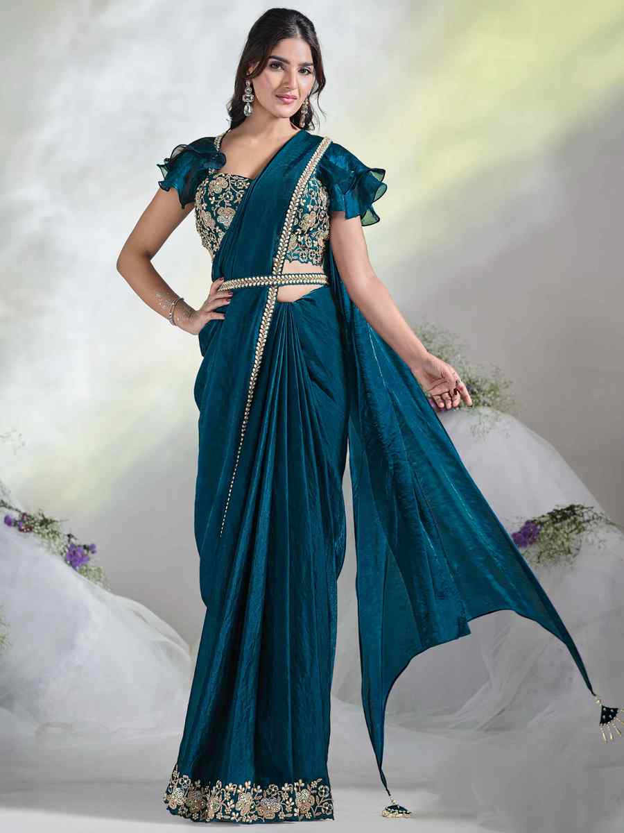 Teal Blue Satin Silk Embroidered Reception Wedding Heavy Border Saree