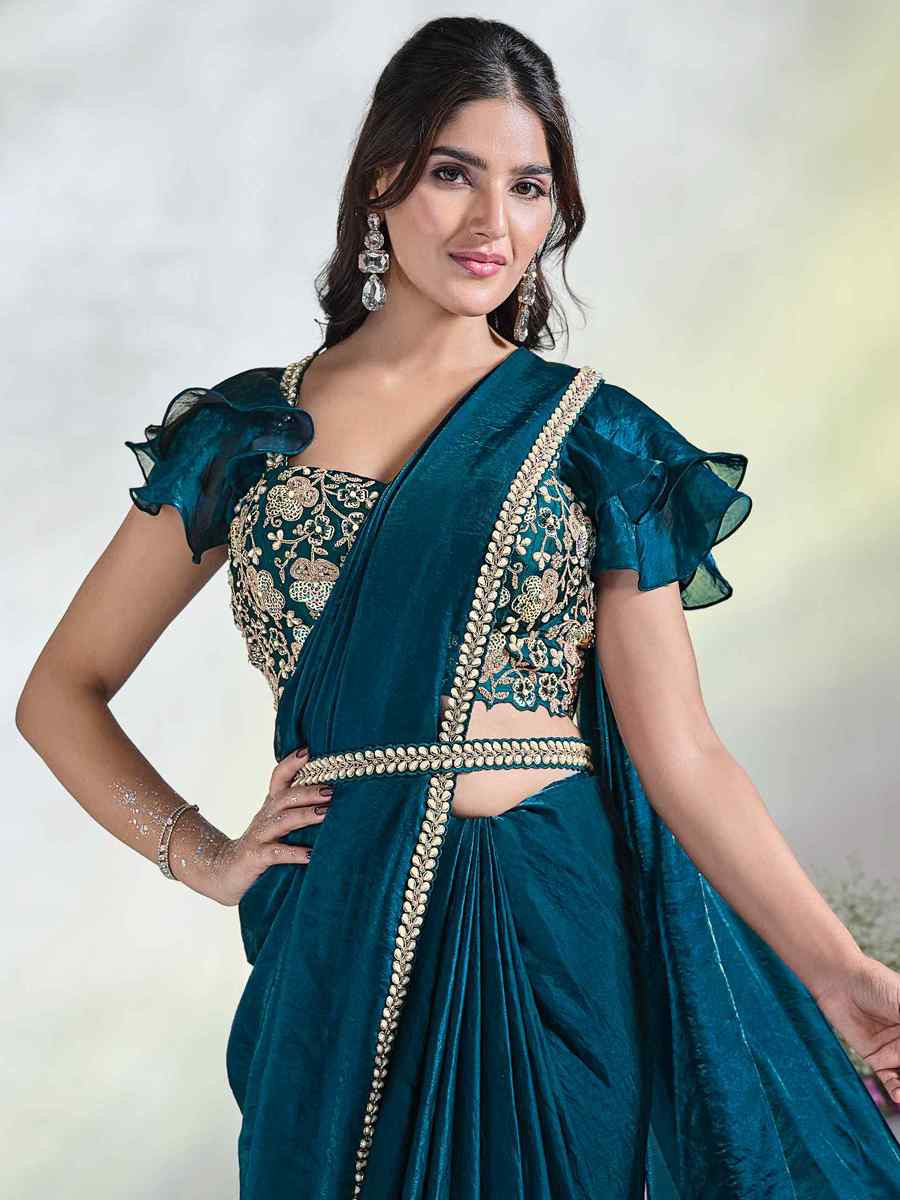 Teal Blue Satin Silk Embroidered Reception Wedding Heavy Border Saree