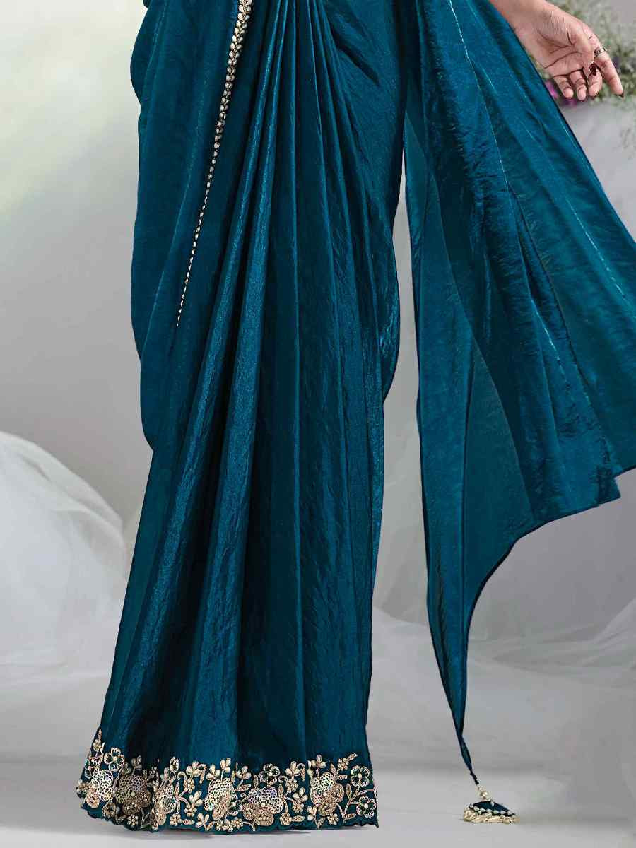 Teal Blue Satin Silk Embroidered Reception Wedding Heavy Border Saree