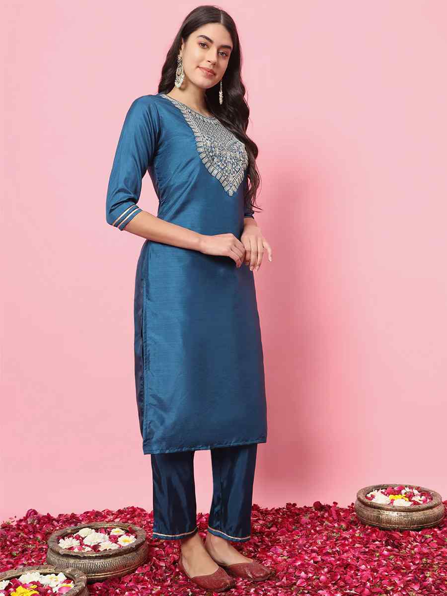 Teal Blue Silk Blend Embroidered Festival Casual Ready Pant Salwar Kameez