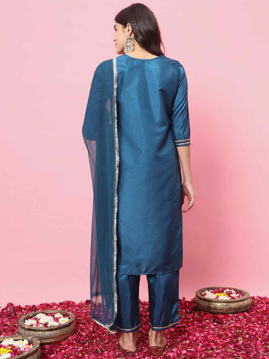 Teal Blue Silk Blend Embroidered Festival Casual Ready Pant Salwar Kameez