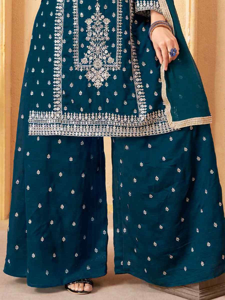 Teal Blue Silk Embroidered Festival Casual Ready Palazzo Pant Salwar Kameez