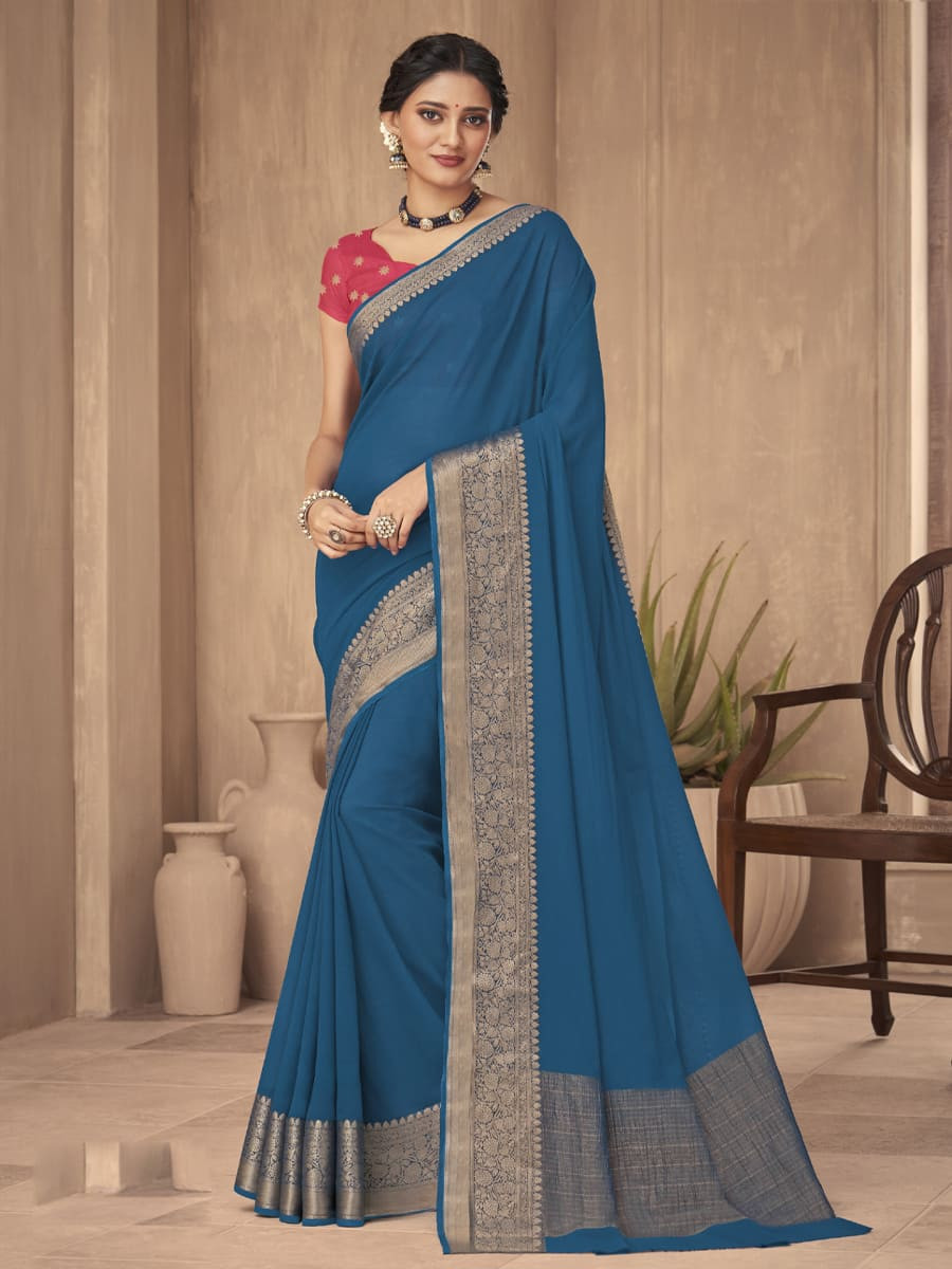 Teal Blue Silk Handwoven Festival Casual Heavy Border Saree