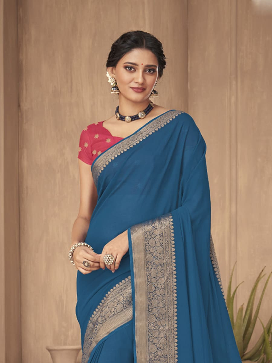 Teal Blue Silk Handwoven Festival Casual Heavy Border Saree