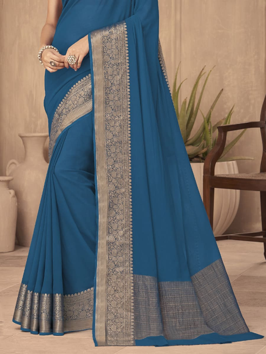 Teal Blue Silk Handwoven Festival Casual Heavy Border Saree