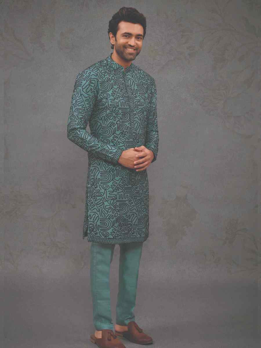 Teal Blue Silk Woven Party Wedding Kurta