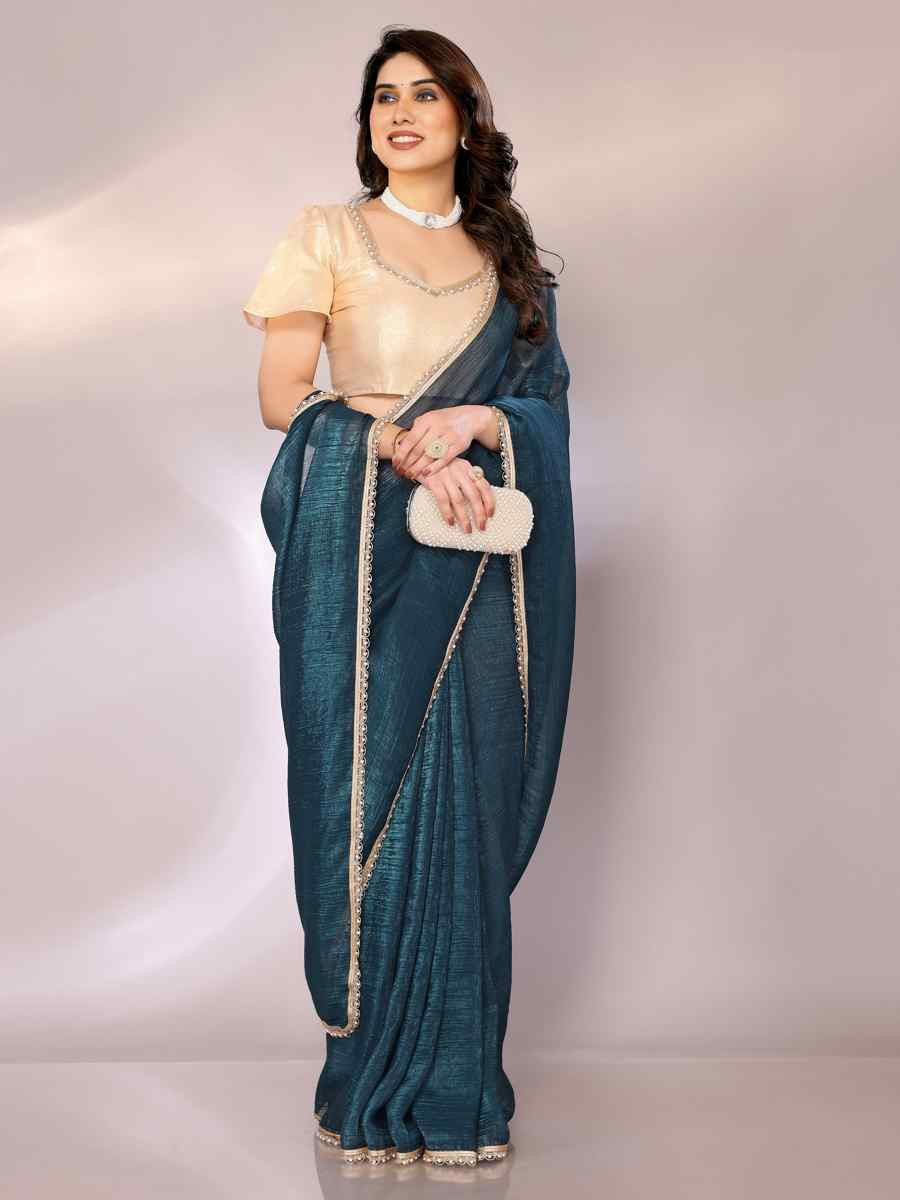 Teal Blue Tissue, Georgette Solid Festival Casual Classic Style Saree