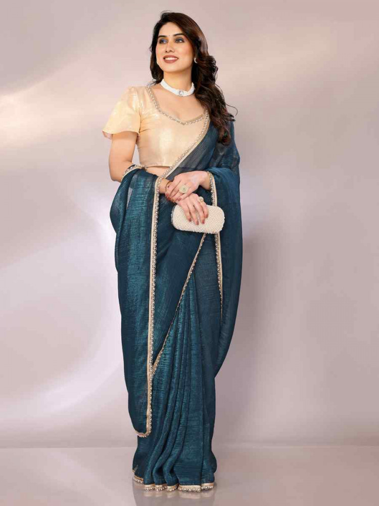 Teal Blue Tissue, Georgette Solid Festival Casual Classic Style Saree