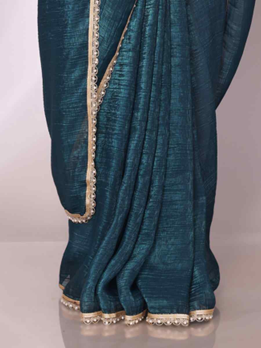 Teal Blue Tissue, Georgette Solid Festival Casual Classic Style Saree