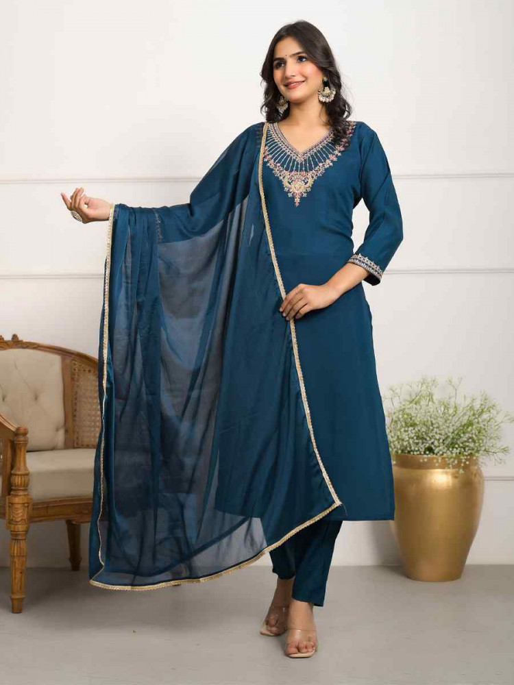 Teal Blue Viscose Chanderi Embroidered Festival Wedding Pant Salwar Kameez