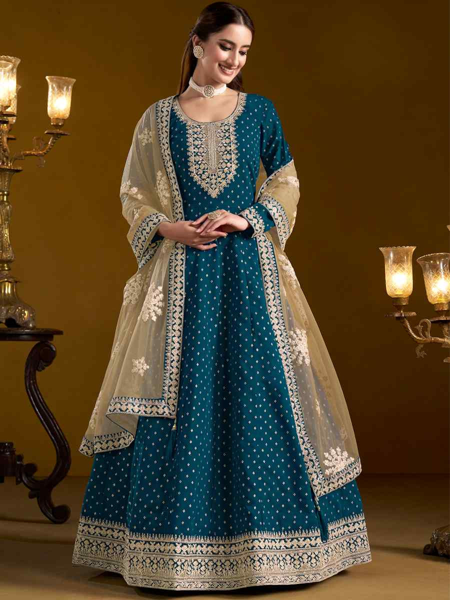 Teal Chanderi Butti Embroidered Festival Wedding Ready Anarkali Salwar Kameez