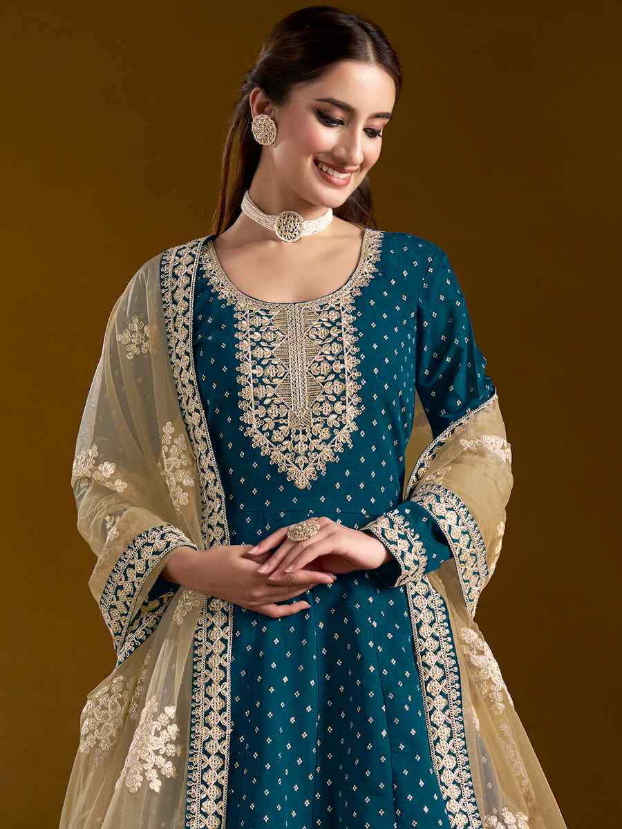 Teal Chanderi Butti Embroidered Festival Wedding Ready Anarkali Salwar Kameez