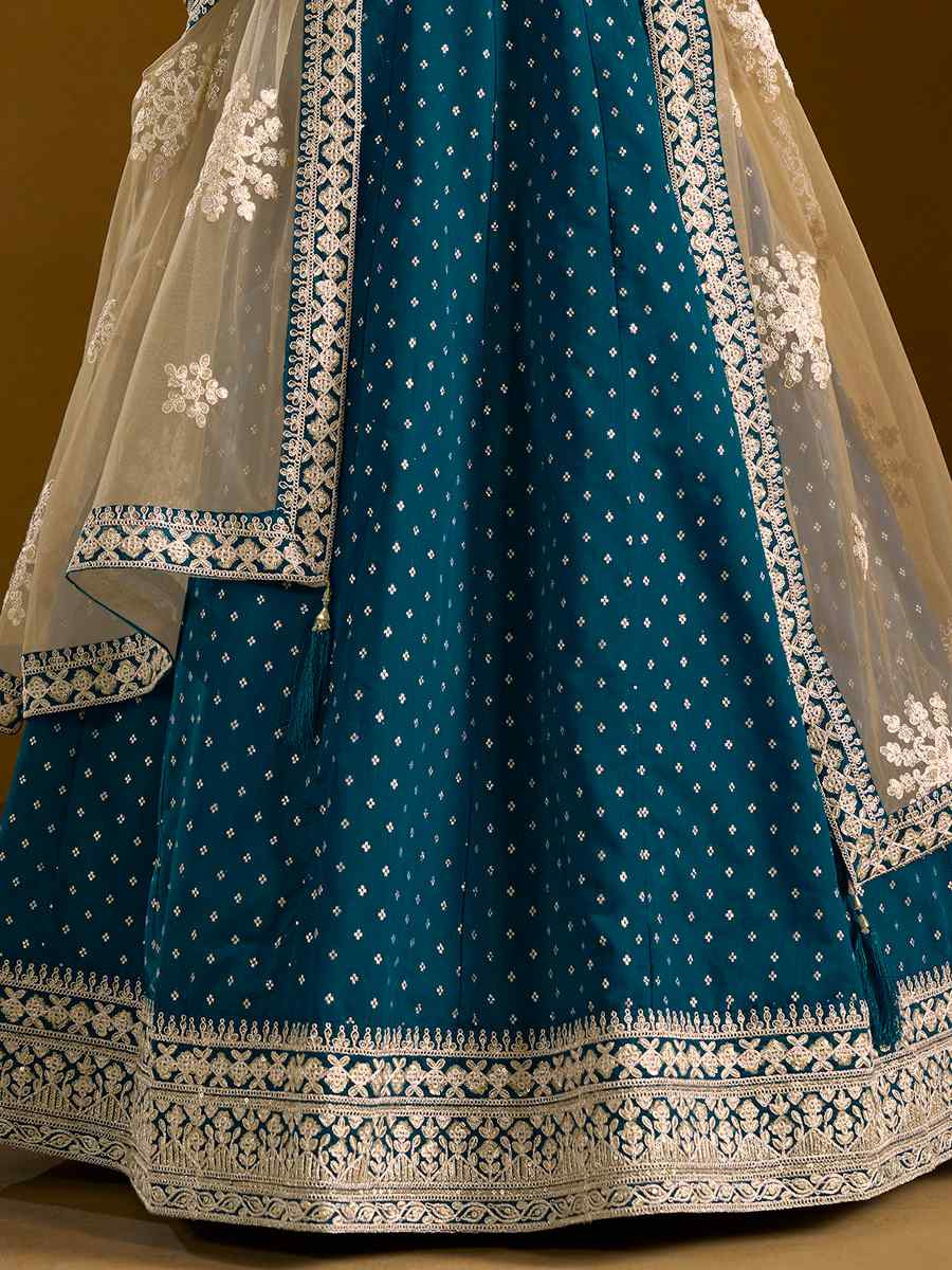 Teal Chanderi Butti Embroidered Festival Wedding Ready Anarkali Salwar Kameez