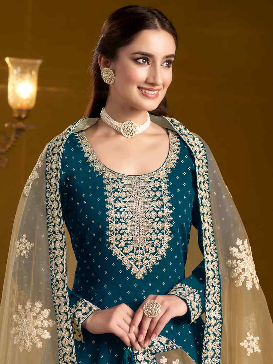 Teal Chanderi Butti Embroidered Festival Wedding Ready Anarkali Salwar Kameez