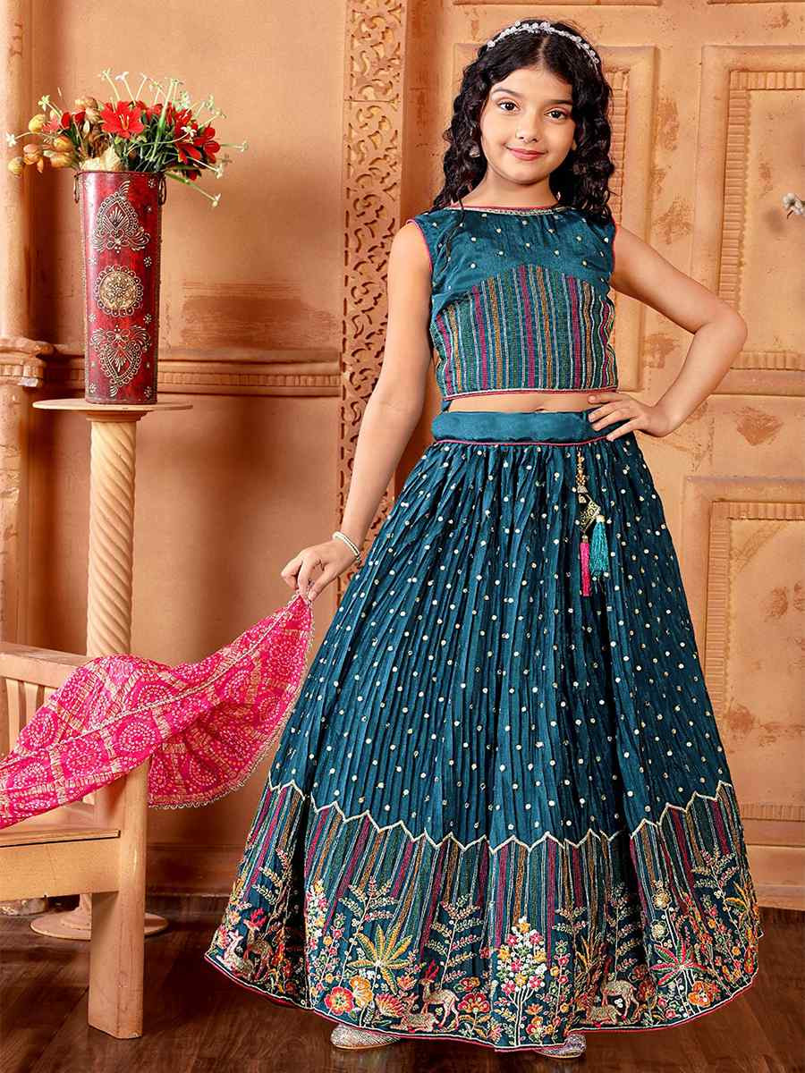 Teal Chinon Embroidered Wedding Festival Lehengas Girls Wear