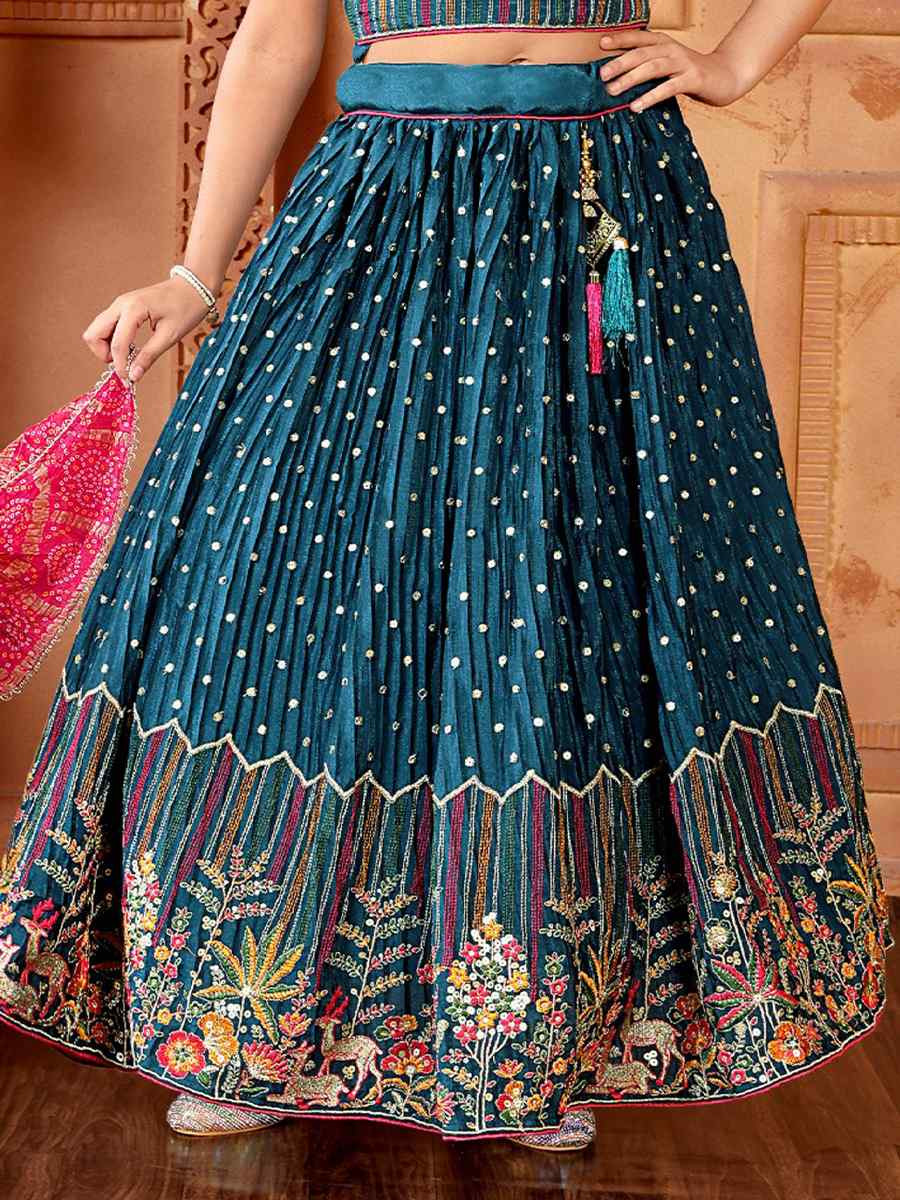 Teal Chinon Embroidered Wedding Festival Lehengas Girls Wear