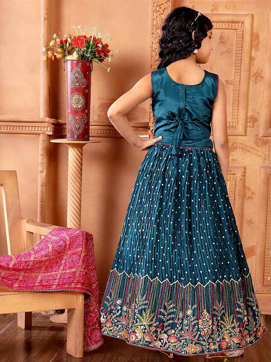 Teal Chinon Embroidered Wedding Festival Lehengas Girls Wear