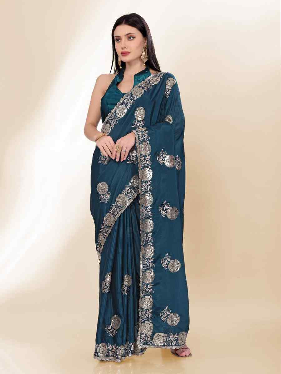 Teal Chinon Silk Embroidered Bridesmaid Reception Heavy Border Saree