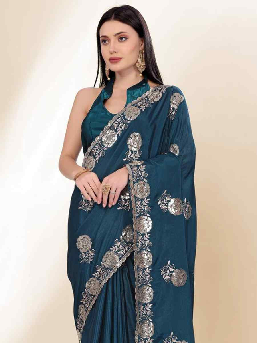 Teal Chinon Silk Embroidered Bridesmaid Reception Heavy Border Saree