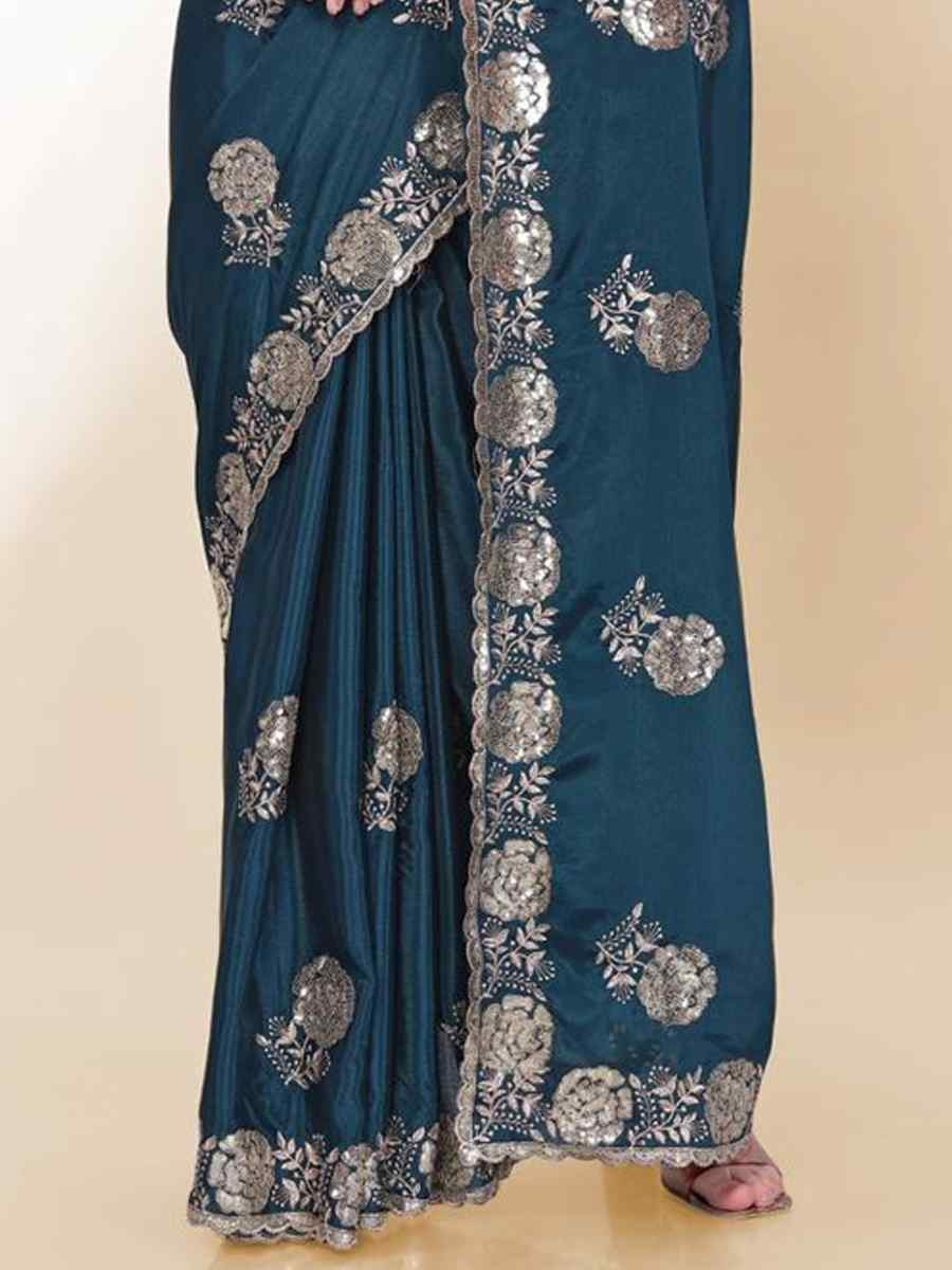 Teal Chinon Silk Embroidered Bridesmaid Reception Heavy Border Saree