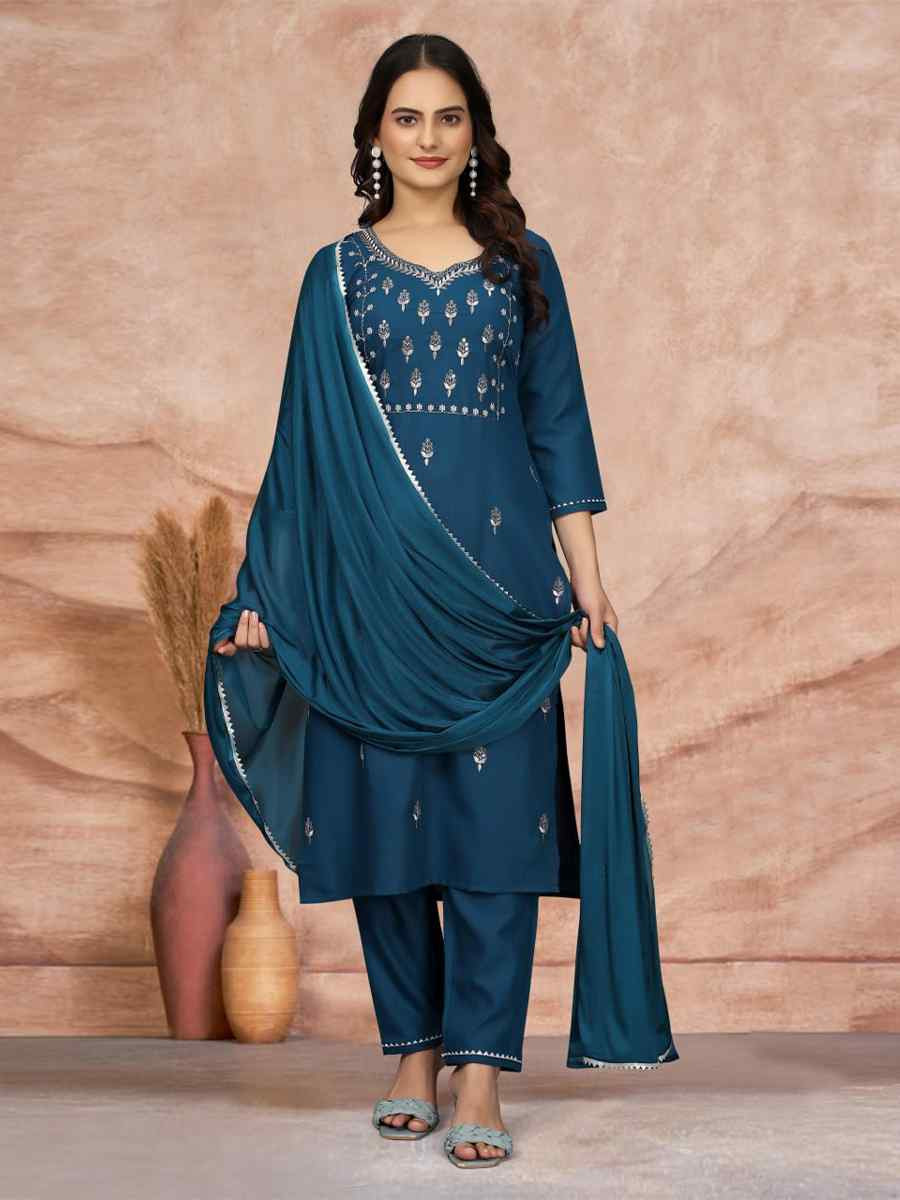 Teal Cotton Blend Embroidered Festival Casual Ready Pant Salwar Kameez