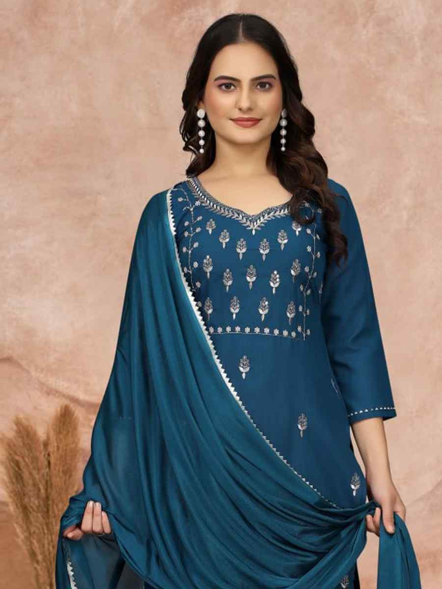 Teal Cotton Blend Embroidered Festival Casual Ready Pant Salwar Kameez