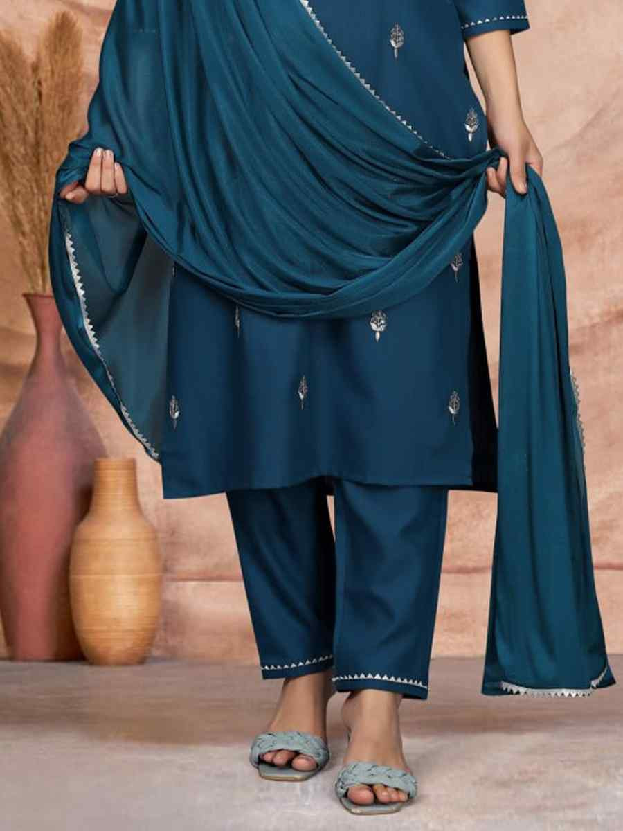 Teal Cotton Blend Embroidered Festival Casual Ready Pant Salwar Kameez