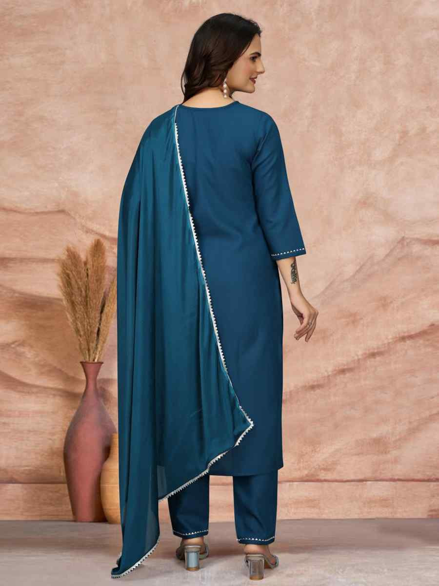 Teal Cotton Blend Embroidered Festival Casual Ready Pant Salwar Kameez